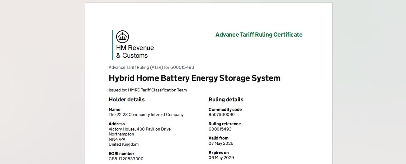 Extract from HMRC Advance Tariff Ruling document 600015493 issued to The 22:23 CIC, showing commodity code 8507600090 for GeePower Terra A Series hybrid residential battery energy storage system.