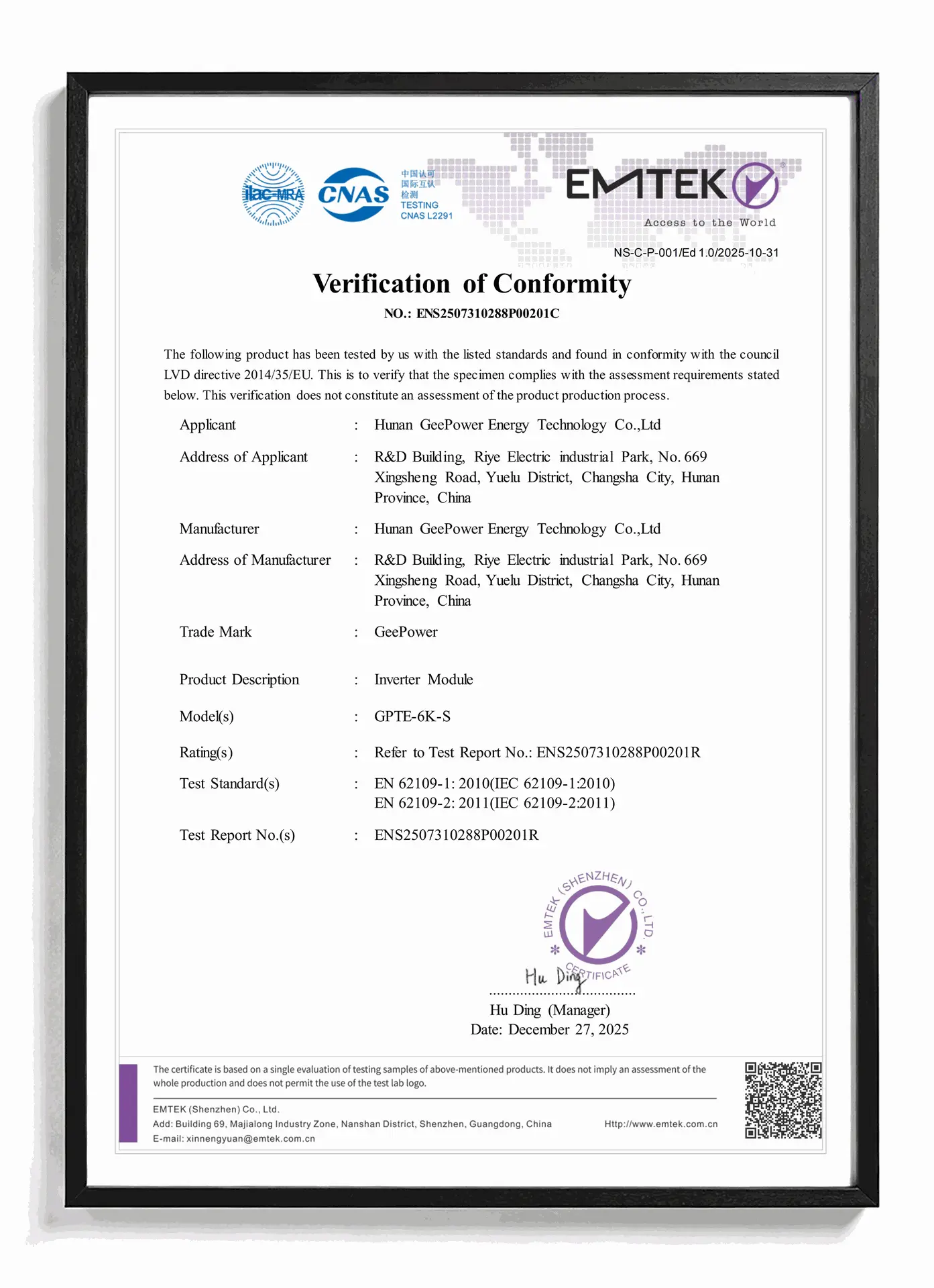 IEC 62109 Certificate – GPTE-6K-S